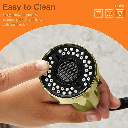 TIORIY Kitchen Faucet Head with 15 Adapters, High Pressure 3 Functions Pull Down Kitchen Spray Head Replacement, Pull Out Kitchen Sink Sprayer Nozzle, Brushed Gold, ABS - color: Brushed Gold, style: Blade Spray