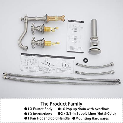 Two Handles Three Holes Faucet 8-16 inch Widespread Bathroom Sink Faucet Brushed Nickel Basin Tap Mixer Faucet Matching Metal Pop Up Drain - color: Brushed Nickel, style: Metal Cover