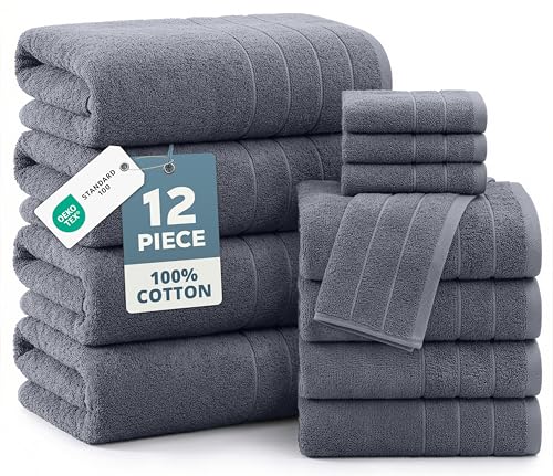 Casa Platino 100% Cotton Towels Set for Bathroom - 12 Pc Family Pack - Super Soft & Quick Dry - 4 Bath, 4 Washcloth, 4 Hand Towels - Oeko TEX Certified, Machine Washable & Durable - Cool Grey - color: 02: Cool Grey, size: 12 Piece Towel Set
