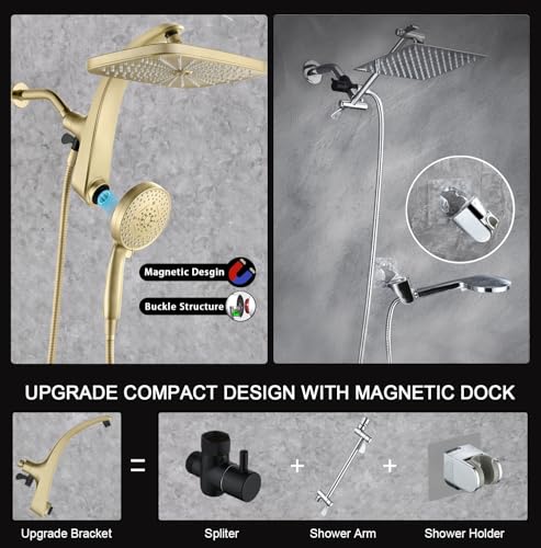 12" High Pressue Rain Shower Head with Handheld, 9 Sprays Hand Showerhead | Shower Heads with Handheld Spray Combo, Dual Head, Built-in Magnetic Docking, Power Jets, 59" Shower Hose, Gold 1.75GPM - color: Gold