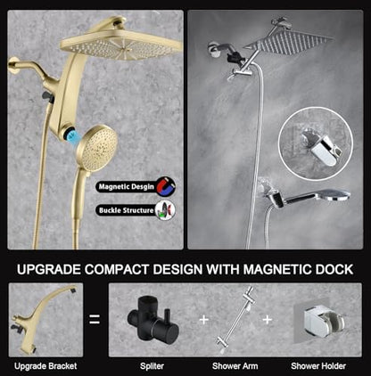 12" High Pressue Rain Shower Head with Handheld, 9 Sprays Hand Showerhead | Shower Heads with Handheld Spray Combo, Dual Head, Built-in Magnetic Docking, Power Jets, 59" Shower Hose, Gold 1.75GPM - color: Gold
