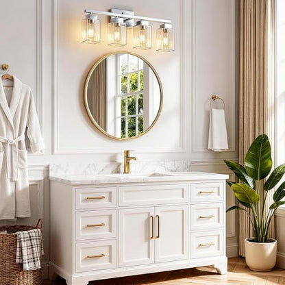 4-Light Bathroom Light Fixtures, Brushed Nickel Modern Vanity Lights, Bathroom Lighting Fixtures Over Mirror, Square Design Farmhouse Wall Sconces with Clear Glass Shades - color: Brushed Nickel, size: 4-Light