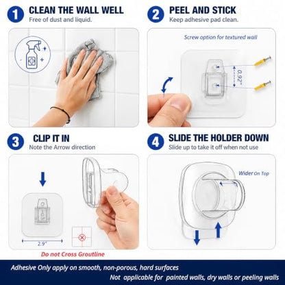 Handheld Shower Head Holder - 5 Positions Adjustable - Slide to Fit - Adhesive Mount with Screw Option, Bathroom Wall Mount Shower Hose Holder (Chrome) - color: Chrome
