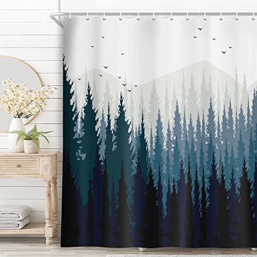 JAWO Rustic Scenery Shower Curtain, Black Forest Fog Bird Mountain, Polyester Fabric Waterproof Shower Curtain Bathroom, 69X70in, Shower Curtains Hooks Included - color: Blue, size: 69"W x 70"L (Pack of 1)