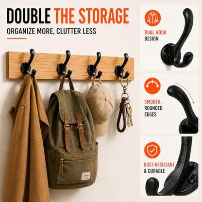 6 Pack Coat Hooks Wall Mount, Heavy Duty Wall Hooks for Hanging Coats, Towel, Hat and Robe, Black Metal Wall Hooks for Bathroom, Entryway, Bedroom - color: Black-6 Pack