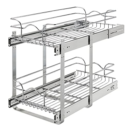 Rev-A-Shelf Pullout Organizer for Cabinets, Min Opening Width of 11.5" | Two-Tier Steel Shelf for Kitchen or Vanity Cabinet Organization, Heavy Gauge Wire Slide Out Storage Basket, 5WB2-1222CR-1 - size: 12" W x 22"D, style: Two Tier