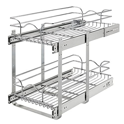 Rev-A-Shelf Pullout Organizer for Cabinets, Min Opening Width of 11.5" | Two-Tier Steel Shelf for Kitchen or Vanity Cabinet Organization, Heavy Gauge Wire Slide Out Storage Basket, 5WB2-1222CR-1 - size: 12" W x 22"D, style: Two Tier