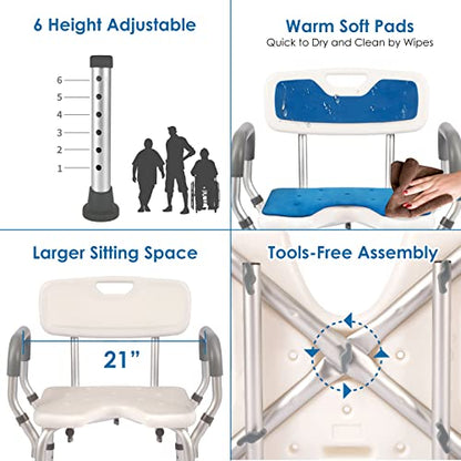 Shower Chair with Arms and Back Heavy Duty 330lbs, Shower Chair for Inside Shower, Shower Seat for Inside Shower Bathroom Chair with Cutout Seat & Cold-Proof Pads, Tools-Free Assembly - color: Blue Pad-standard