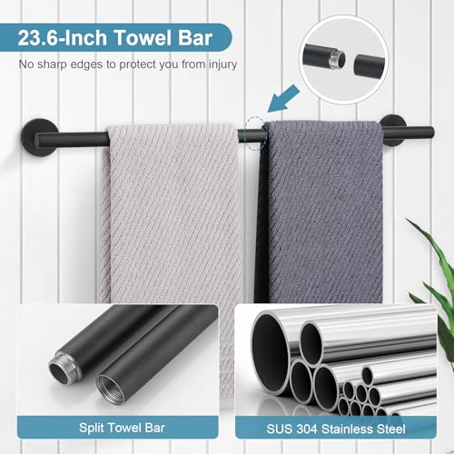 TQKAG Matte Black Bathroom Hardware Set 5 Pieces, SUS304 Stainless Steel Towel Bar Set Round Bathroom Towel Rack Set Wall Mounted - color: Matte Black, size: 5-Pieces Set
