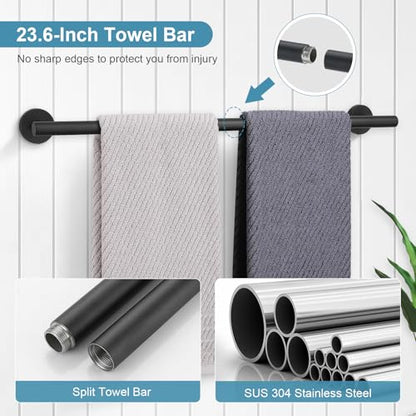 TQKAG Matte Black Bathroom Hardware Set 5 Pieces, SUS304 Stainless Steel Towel Bar Set Round Bathroom Towel Rack Set Wall Mounted - color: Matte Black, size: 5-Pieces Set