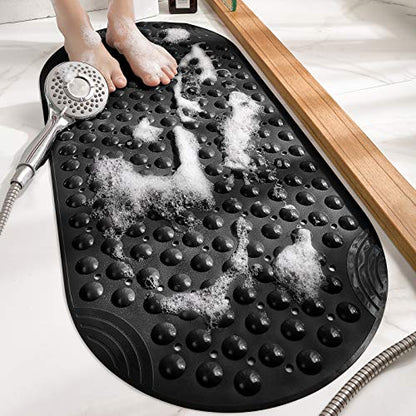 DEXI Bathtub Mat Non Slip 16x35, Shower Floor Mats for Bathroom Bath Tub | Black, Washable Oval Bathmat, Suction Cups and Drain Holes to Keep Tubs Clean - color: All Black