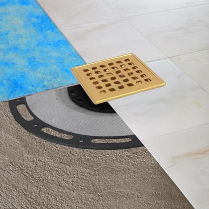4-Inch Square Shower Drain Kit with Bonding Flange, Polished Gold | Removable 304 stainless steel grate with hair strainer; fits 2- and 3-inch pipes for tiled shower floors and wet areas - size: 4in-Gold