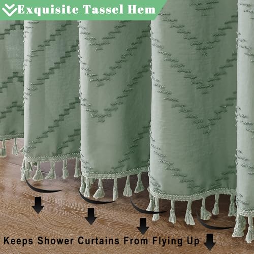Extra Long Sage Green Boho Shower Curtain, Chic Tufted Chevron Striped Textured Cloth Fabric Shower Curtains with Tassel for Bathroom, Soft Hotel Style Farmhouse, Machine Washable, 72x96 - color: Sage Green, size: 72"W x 96"L (Pack of 1)