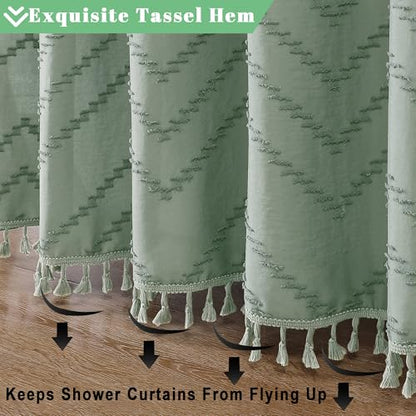 Small Boho Stall Shower Curtain, Sage Green Fabric Cloth Stall Shower Curtain 36 x 72 Half Size with Tassel Tufted Chevron Striped Textured Modern Farmhouse for Bathroom, Machine Washable - color: Sage Green, size: 36"W x 72"L (Pack of 1)