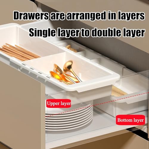 2 PCS Sliding Drawer Tray with Adjustable Dividers | Expandable Kitchen Storage Organizer, Sliding Drawer Bin, Expandable Drawer Organizer Trays For Utensils, Flatware, Junks