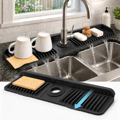 23" Extra Long Silicone Faucet Handle Drip Catcher Tray,7° Sloped Self Draining Mat with Snap-on Design & Soap Holder, Trim-to-Fit Opening,Sink Splash Guard for Kitchen & Bathroom(Black) - color: Black, size: 23" x 5.5"