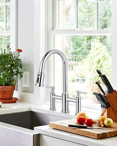 Bridge Faucet with Pull Down Sprayer: Brass Bridge Kitchen Faucet for 1 or 3 Hole - Chrome Two Handles 8 Inch Centerset Kitchen Sink Faucet for Farmhouse RV Laundry - color: Chrome