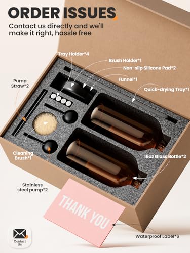 [Luxury] Kitchen Soap Dispenser Set - 16OZ Amber Glass Bottle, Stainless Steel Pump, Instant Dry Tray, Waterproof Labels, Non-Slip Silicone Pad, and Dish Brush | Upgrade for Your Kitchen and Bathroom - color: Amber Bottle + Black Pump