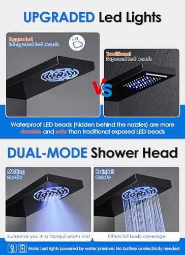 ROVOGO Shower Panel Tower With Led Lights & Digital Display, Water Powered | Rainfall Mist Shower Head, 5 Body Jets, Handheld and Tub Spout, Stainless Shower Column with Brass Valves, 46.5 Inch, Black - style: 5-Function-Black-Water Powered