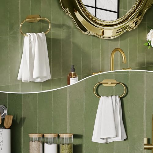 Adhesive Towel Holder for Bathroom Brushed Gold No Drill Hand Towel Ring Stainless Steel and Zinc Alloy Self Adhesive Towel Hanger for Bath, Kitchen - color: Brushed Gold