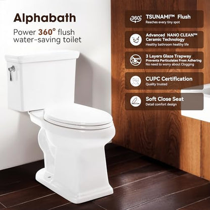 17.3” Elongated Toilet with Soft Close Seat, Two piece Toilets for Bathroom | Nano Self-Cleaning Glaze, 1.27 GPF, Watersensed/ADA/MAP1000/cUPC, Easy to Clean & Install, 12" Rough-In - color: TPT003 - 1.27 GPF Classical with single flush