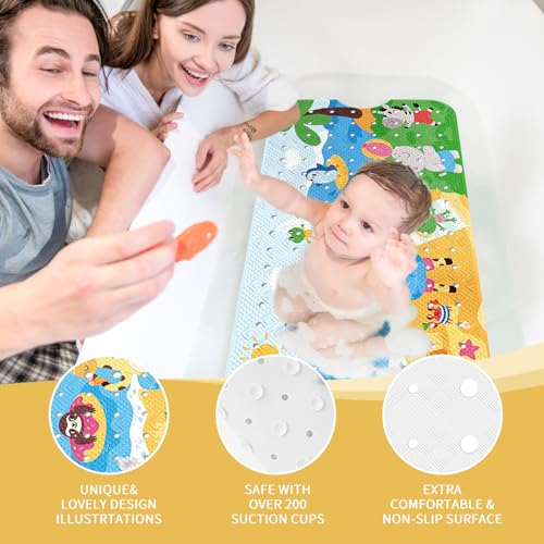 PRATIQUE Kids Bath Mat for Tub Non Slip，40 X 16 Inch Extra Long Kids Bathtub Mat Seaside Zoo Bathtub Shower Mat Safety Anti Slip with Suction Cups and Drain Holes, Machine Washable - color: Zoo
