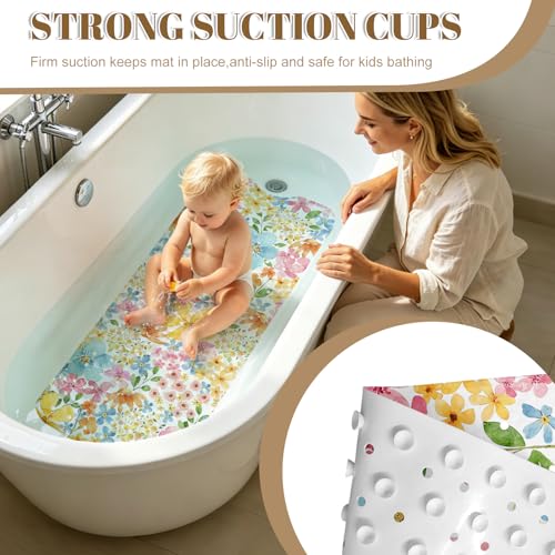 Floral Bathtub Mat Non Slip with Drain Holes and Suction Cups Bath Mat 40x16 Inch Tub Mats Shower Mats for Kids - color: Floral