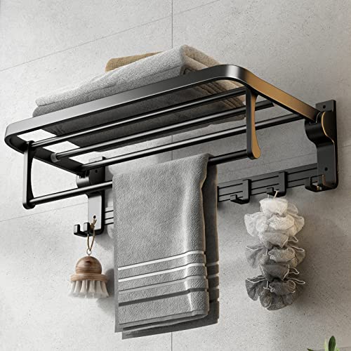 24 Inch Towel Rack with Towel Bar Holder Foldable Towel Shelf with Movable Hooks Rustproof Towel Storage wall Mount for Bathroom Lavatory Matte Black - color: Matte Black
