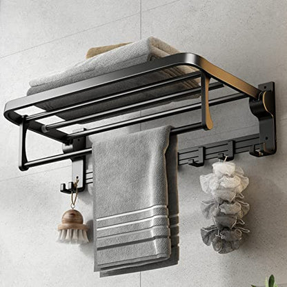 24 Inch Towel Rack with Towel Bar Holder Foldable Towel Shelf with Movable Hooks Rustproof Towel Storage wall Mount for Bathroom Lavatory Matte Black - color: Matte Black