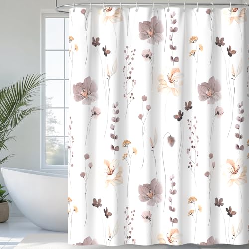 QiyI Watercolor Floral Shower Curtain, Flowers Print Minimalist Bathroom Curtain, Machine Washable Spring Modern Bath Curtains, Waterproof Fabric Shower Curtain Set with Hooks, 72 x 72, Brown - color: Brown, size: 72"W x 72"L (Pack of 1)