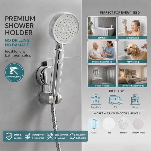 Hand held Shower Head Holder- Enhanced Suction Cup - 5 Angles Adjustable - Relocated Bathroom Wall Mount Shower Wand Holder (Chrome Finish)