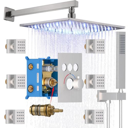 Enga Brushed Nickel Shower System with Body Spray Jets, Wall Mount 12 Inch LED Rain Shower Head Push Button Diverter Shower Fixtures, All Functions Can Run At Once - color: Brushed Nickel, style: Wall Mount-6 Jets