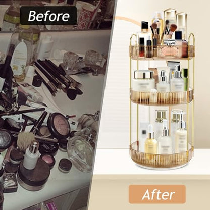 360 Rotating Makeup Organizer, 3 Tier Vanity Counter Storage (Gold) | Clear Acrylic-Like Trays with Gold Frame, 360° Spinning, for Vanity, Bathroom, Perfume, Cosmetics, Skincare - color: New-GOLD2
