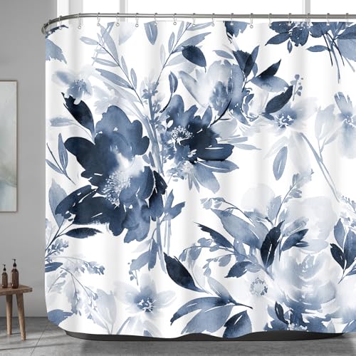 Extra Wide Flower Shower Curtain 108 x 72 for Claw Foot Tub, Navy Blue | Modern Watercolor Floral 108 inch Long Shower Curtain Set with 18 Pack Plastic C-Hooks, Blue White - color: Navy Blue, size: 108"W x 72"L (Pack of 1)