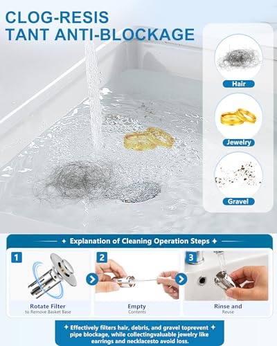 Bathroom Sink Stopper, 1PC Universal Bathroom Sink Drain Strainer, Pop Up Drain for Bathroom Sink, Sink Plug Hair Catcher, Pop-Up Drain Stopper with Removable Hair Catcher, Fit 1.18"-2.17"