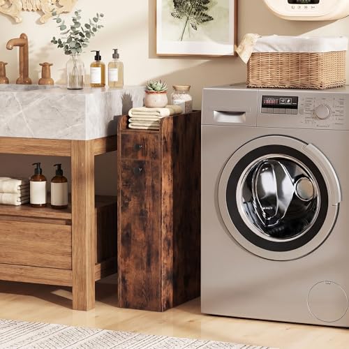 COSTWAY Slim Bathroom Cabinet, Freestanding Narrow Organizer, Rustic Brown | 7" Wide Space-Saving Storage with 2-Tier Slide-Out Drawer, Shelf & Toilet Paper Holder, for Bathroom, Laundry & Small Spaces - color: Rustic Brown