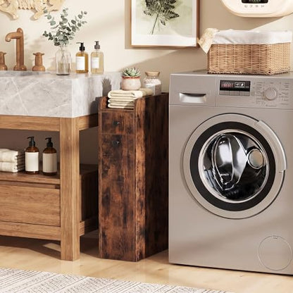COSTWAY Slim Bathroom Cabinet, Freestanding Narrow Organizer, Rustic Brown | 7" Wide Space-Saving Storage with 2-Tier Slide-Out Drawer, Shelf & Toilet Paper Holder, for Bathroom, Laundry & Small Spaces - color: Rustic Brown