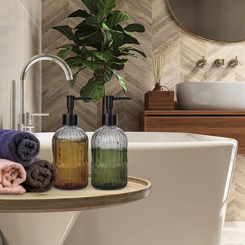 2 Pack 11oz Glass Soap Dispenser with Plastic Pump, Vertical Stripe Design Refillable Hand Soap Dispenser for Hand Wash, Bathroom and Kitchen - color: Transparent Black