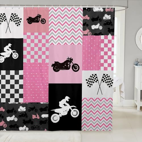 Dirt Bike Shower Curtain with Hooks,Girls Pink Black Motorcycle Plaid Waterproof Bath Curtain,Motorcross Patchwork Racing Sports Bathroom Accessories Curtain Panel, 72Wx84L inch - color: Multi 05, size: 72"Wx84" L