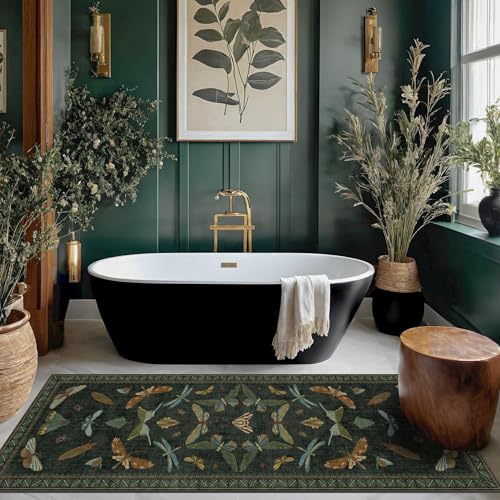 Hazo Haus Dark Green Insect 2x5 Bathroom Runner Rug - Washable Non Slip Runners for Kitchen, Laundry Room, Front Door Mat Entrance, Nature Floral Indoor Floor Décor, Thin Low Pile with Rubber Backed - color: Dark Green, size: 2' x 5' (Runner)
