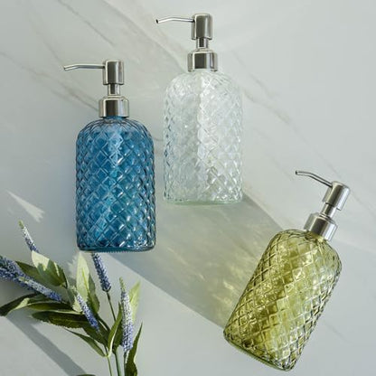 JASAI 18Oz Gem Patterned Clear Glass Soap Dispenser with Rust Proof Pump | Refillable Hand soap Dispenser for Kitchen, Premium Bathroom Soap Dispenser for Dish Soap, Hand soap, Lotion(Clear) - color: Clear