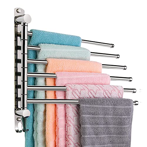 6-Arm Swivel Towel Bar, 180°Rotating Towel Rack Wall Mounted, 304 Stainless Steel Rustproof Heavy Duty Towel Holder for Bathroom Kitchen Laundry Room, Space Saving, Brushed Nickel Finish - color: Silver, size: 6 Arms