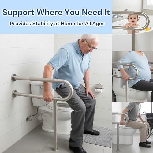 30 Inch Toilet Grab Bar with Leg for Bathroom, Wall & Floor Mounted Stainless Steel Handicap Grab Bar, Brushed Nickel Anti-Slip Knurled Grip, Safety Rail for Elderly, Disabled and Pregnant - size: 30 Inch