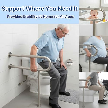 28 Inch Toilet Grab Bar with Leg for Bathroom, Wall & Floor Mounted Stainless Steel Handicap Grab Bar, Brushed Nickel Anti-Slip Knurled Grip, Safety Rail for Elderly, Disabled and Pregnant - size: 28 Inch