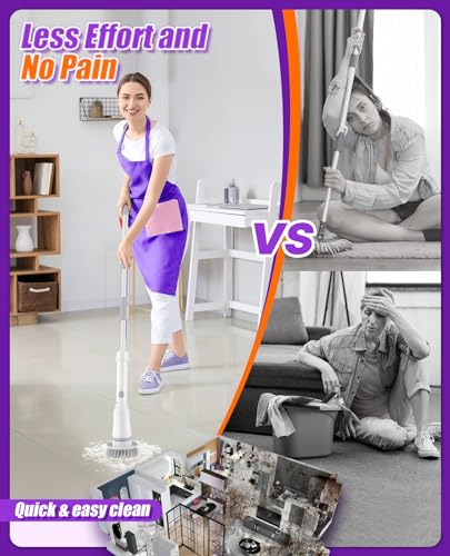 6-in-1 Cordless Electric Spin Scrubber with Long Handle | Power scrubber, bathroom scrubber, 47.2 in long handle, 2 speed scrub brush, IPX7 rated body, kitchen, tile, tub, floor - size: 6heads