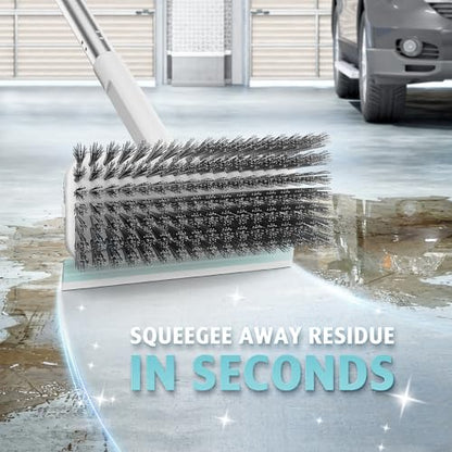 AIR U+ Concrete Scrub Brush, Long Handle, 7-Row Wire Bristles, Squeegee | Removes moss, algae and tough buildup from patios, driveways, pavers and garage floors, focused control for edges and steps