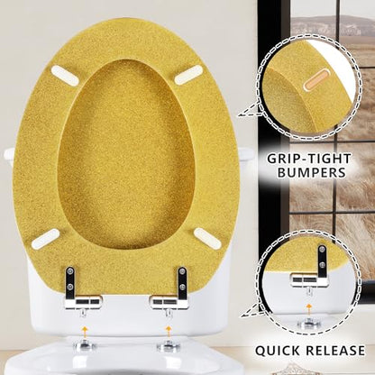 Angol Shiold Glitter Toilet Seat Molded Wood Elongated Toilet Seat with Quietly Close and Quick Release Hinges, Easy to Clean also Easy to Install (Elongated 18.5'', Yellow) - color: Yellow, size: Elongated 18.5‘’