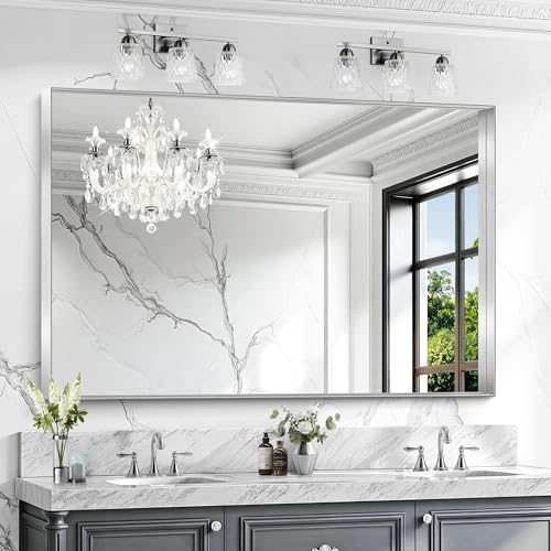CIRCUMI Silver Bathroom Mirror, 36"x55" Rectangular Mirror for Vanity | Deep Metal Frame, Brushed Finish, Shatter proof, Tempered Glass, Installed Vertically/Horizontally, Mirror for Wall,Over Sink - color: Squared Corner Silver, size: 55"L x 36"W