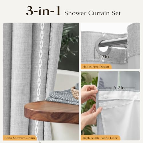 Grey Ringless Boho Striped Tassel Shower Curtain with Snap Liner 72x75 | Heavy Duty Linen Blend, 3 in 1 Shower Curtain Set, Farmhouse Style, Waterproof & Washable, Mesh Top Window, Easy to Install - color: Grey, size: 72"W x 75"L (Pack of 1)