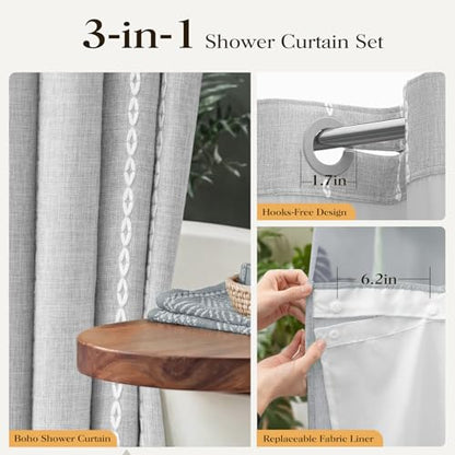 Grey Ringless Boho Striped Tassel Shower Curtain with Snap Liner 72x75 | Heavy Duty Linen Blend, 3 in 1 Shower Curtain Set, Farmhouse Style, Waterproof & Washable, Mesh Top Window, Easy to Install - color: Grey, size: 72"W x 75"L (Pack of 1)